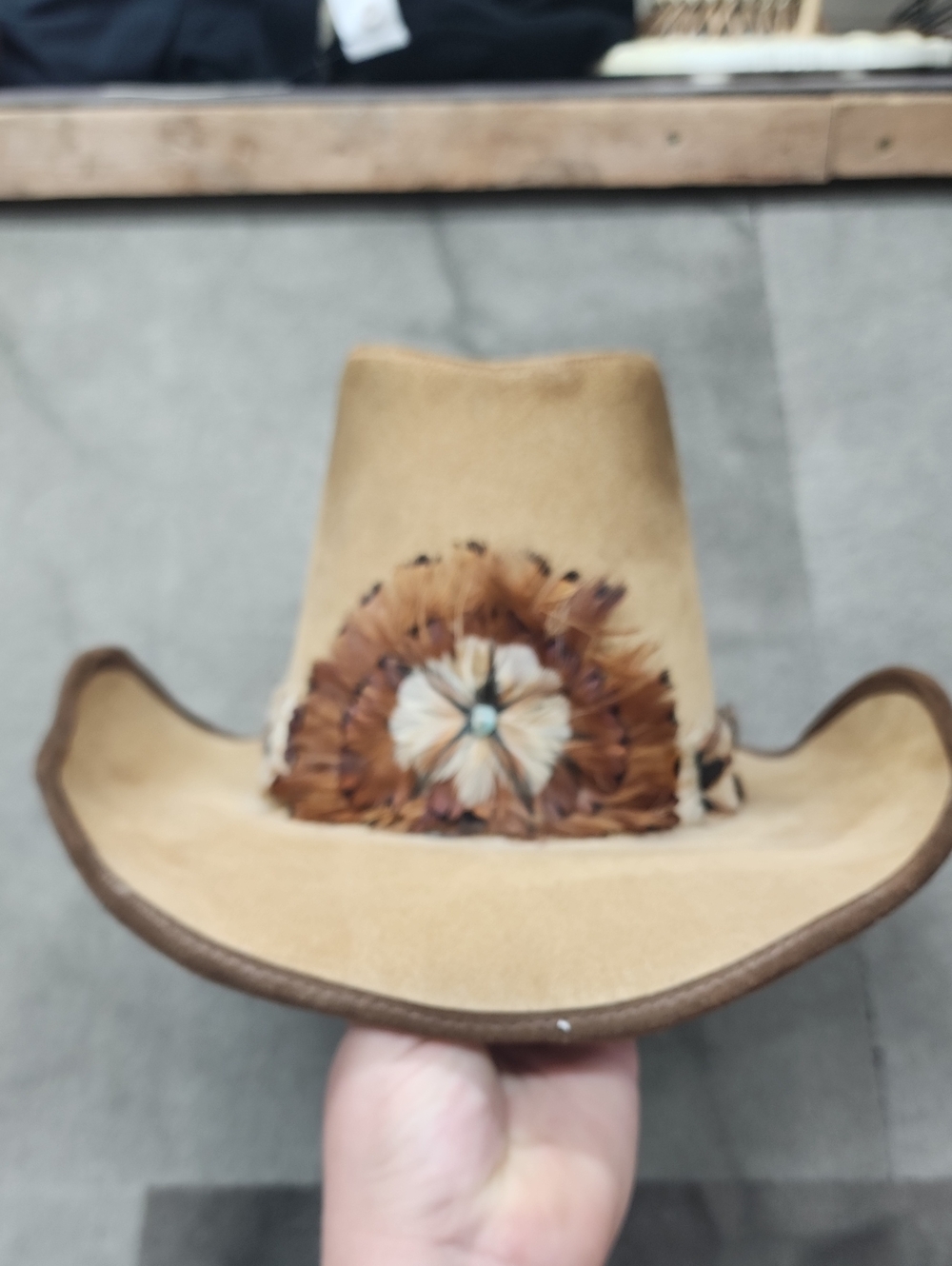 Vtg Tan Western Cowboy Hat with Feather & Floral Trim